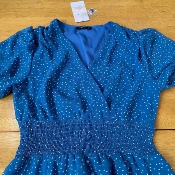 Fashion Blue V Neck Midi Sheer Lined Dress Elastic Waist Boho Chic, Size S - Picture 6 of 11